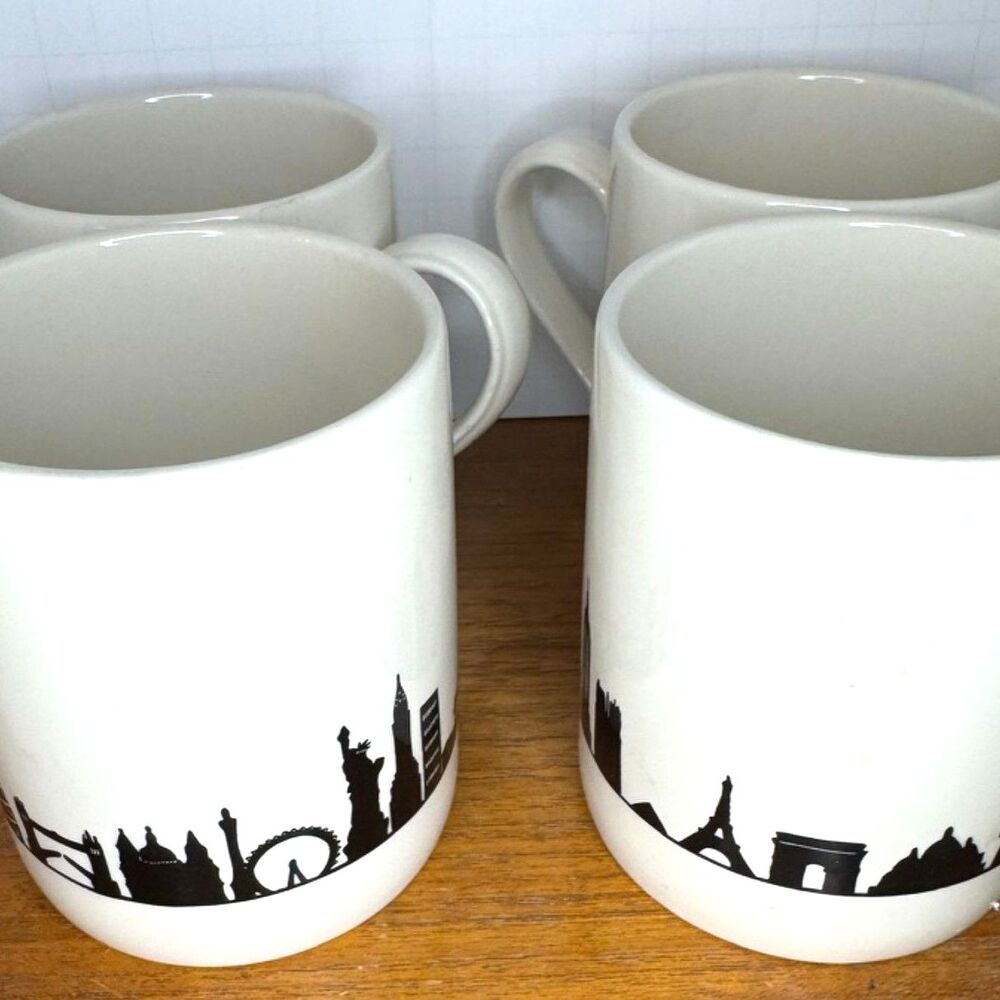 4 World Landmarks Coffee Tee Mugs Ceramic London Paris NYC Rome & More